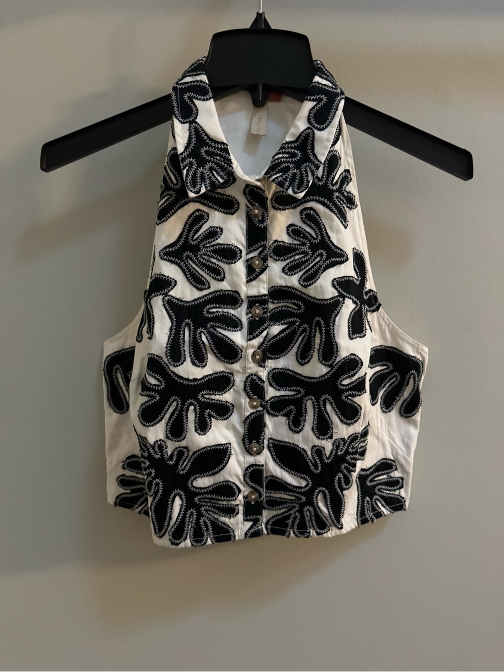 Pilcro Black & White Embroidered Halter Button Up Top